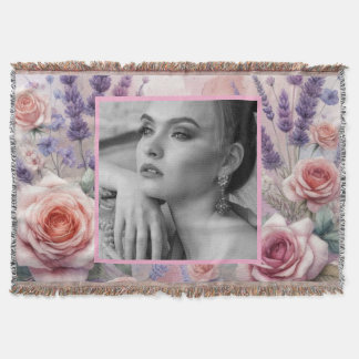 Pink roses lavender floral photo watercolor throw blanket
