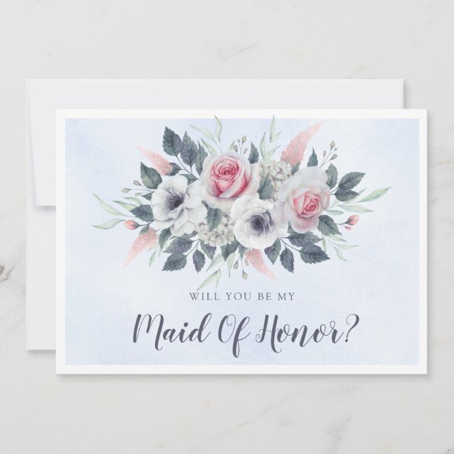 Pink Roses Light Blue Will You Be My Maid Of Honou (Front)