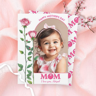 Pink roses Love You MOM Mother's Day photo Holiday Card