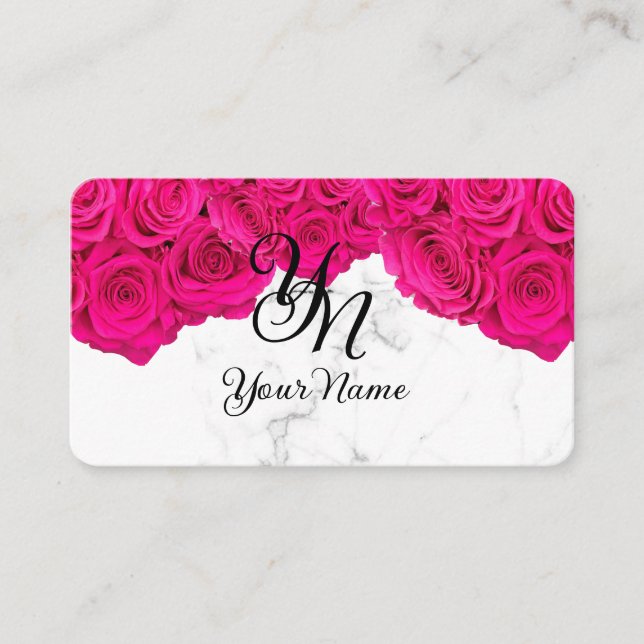 Pink Roses Marble Initial Business Card (Front)