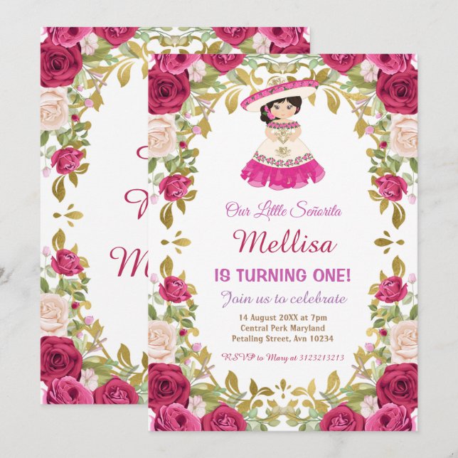 Pink Roses Mexican Floral Girl Fiesta Birthday   Invitation (Front/Back)