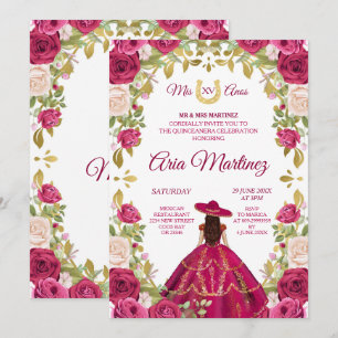 Pink Roses Mexican Girl 15th Birthday Invitation