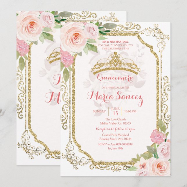 Pink Roses Mexican Mis Quince Invitation (Front/Back)
