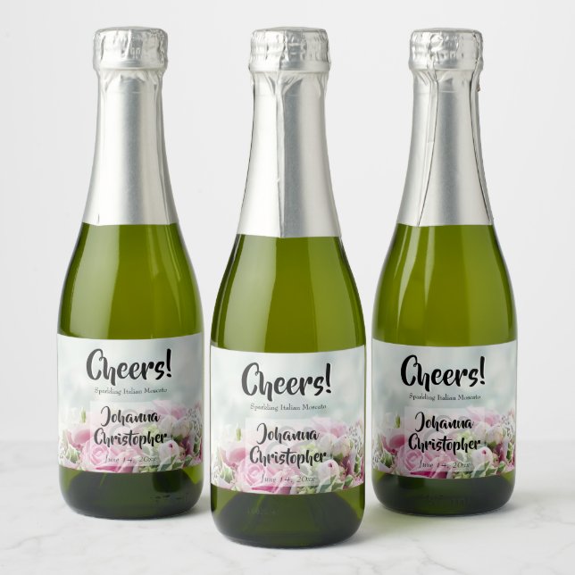 Pink Roses Mini Wedding Sparkling Wine Labels (Bottles)