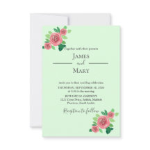 Pink Roses Mint Botanical Wedding Invitation