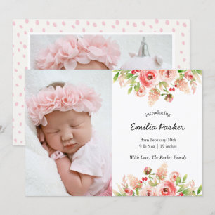 Pink Roses Modern Elegant Floral Photo Birth Announcement