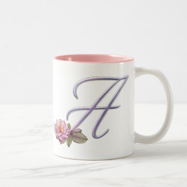 Pink Roses Monogram A Two-Tone Coffee Mug (Right)