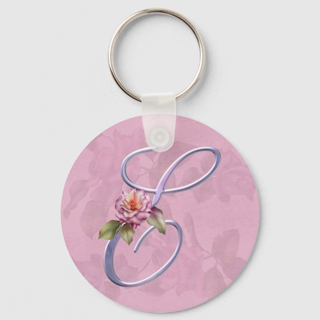 Pink Roses Monogram E Key Ring (Front)