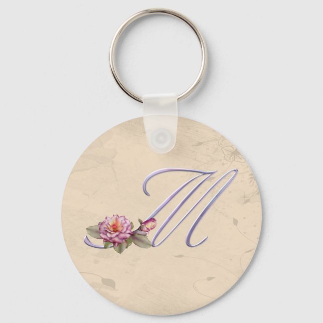 Pink Roses Monogram M Key Ring (Front)
