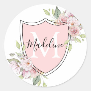 Pink Roses Monogram Name Crest Classic Round Sticker