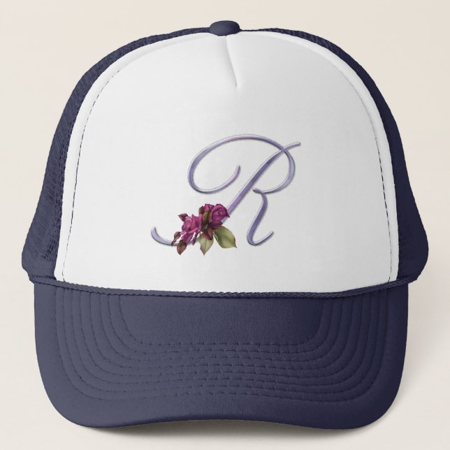 Pink Roses Monogram R Trucker Hat (Front)