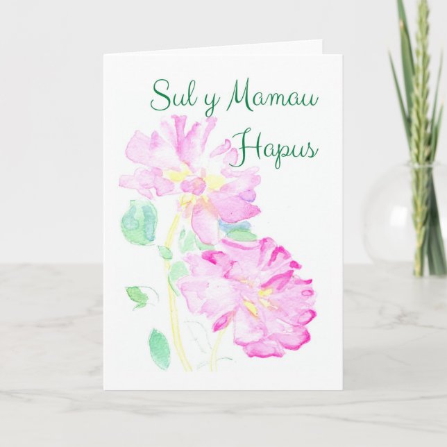 Pink Roses Mothers Day Card: Welsh Greeting Card (Front)