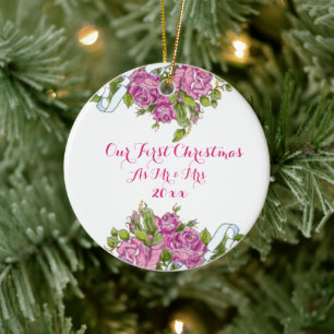 Pink Roses Mr and Mrs First Christmas Ornament
