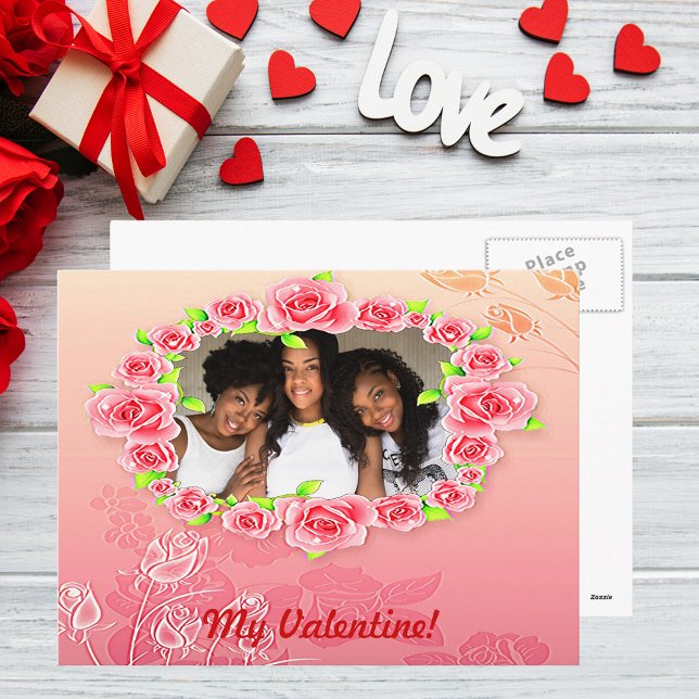 Pink Roses My Valentine Add Your Photo Holiday Postcard (Pink Roses My Valentine Add Your Photo Holiday Postcard)