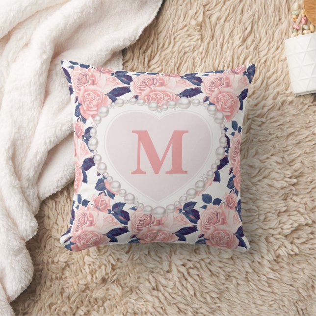 Pink Roses Navy Blue Floral Pearl Heart Monogram  Cushion (Blanket)