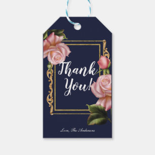Pink Roses Navy Blue & Gold Modern Elegant Favour Gift Tags