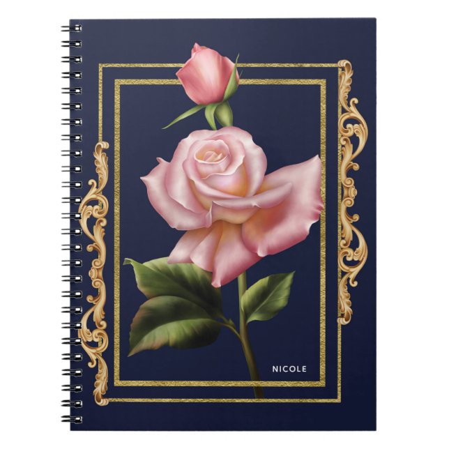 Pink Roses Navy Blue & Gold Modern Rustic Glam Notebook (Front)
