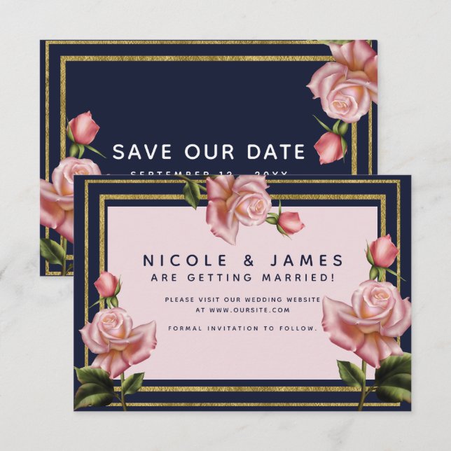 Pink Roses Navy Blue & Gold Modern Save the Date Invitation (Front/Back)