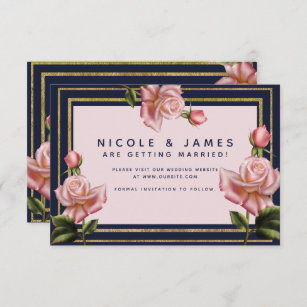 Pink Roses Navy Blue & Gold Modern Save the Date Invitation
