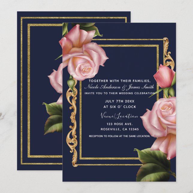 Pink Roses Navy Blue & Gold Modern Wedding Invitation (Front/Back)
