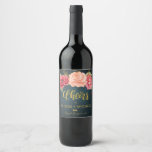 Pink roses navy chalkboard cheers wedding wine label<br><div class="desc">Cheers gold typography brush script and red,  pink and blush romantic roses with your name / names and wine sort on dark midnight navy blue chalkboard background making an inspired personalised wine label for your elegant summer or  fall garden outdoor wedding or other anniversary / celebrating event.</div>
