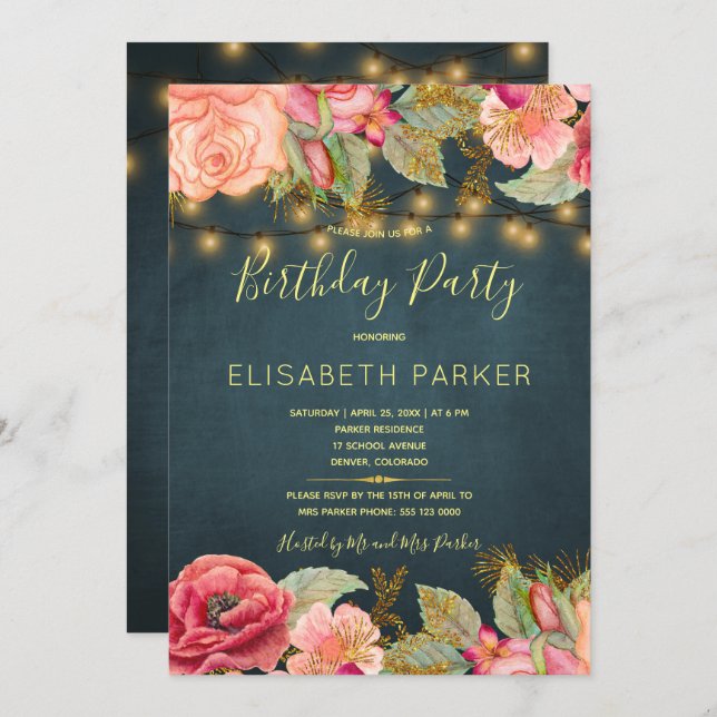 Pink roses navy gold lights birthday party invitation (Front/Back)