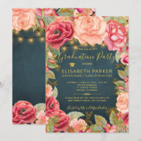 Pink roses navy gold lights graduation party