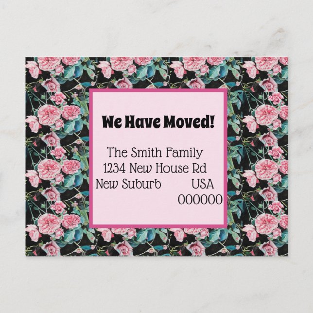 Pink Roses New Address Postcard, We Are Moving Postcard (Front)