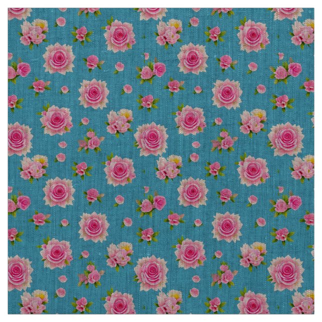 Pink Roses on a Blue Background Fabric (Swatch)