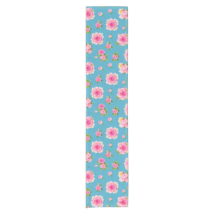 Pink Roses on a Blue Background Short Table Runner