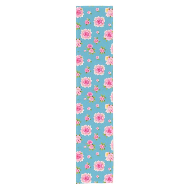 Pink Roses on a Blue Background Short Table Runner (Front)