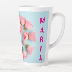 Pink Roses on a Pastel Blue Background Latte Mug