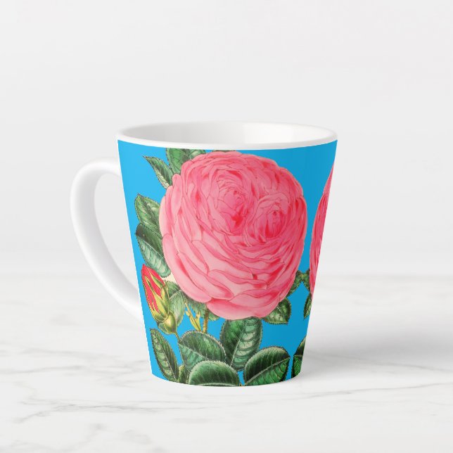 Pink Roses on Aqua Blue  Latte Mug (Left Angle)