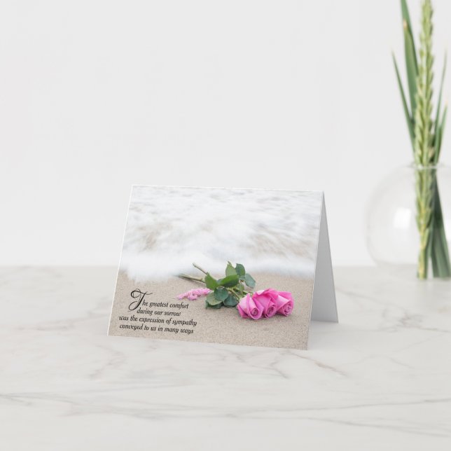 Pink Roses On Beach Sand Sympathy Thank You Card (Front)