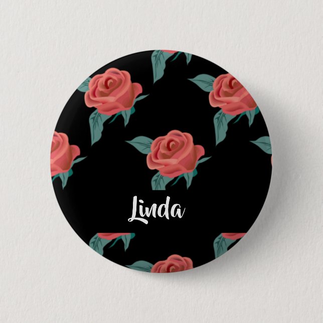 Pink roses on black 6 cm round badge (Front)