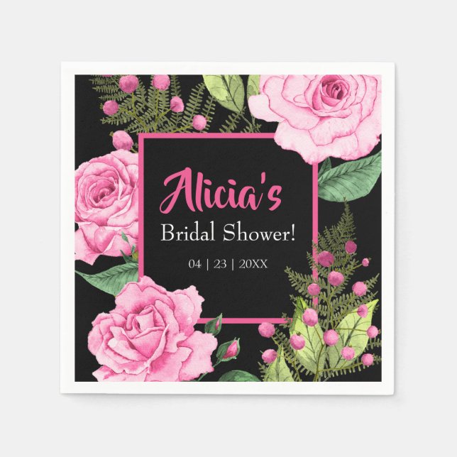 Pink Roses on Black Bridal Shower Napkins (Front)