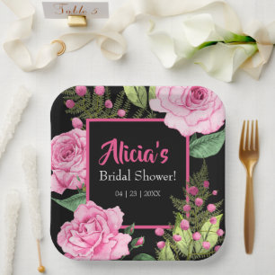 Pink Roses on Black Bridal Shower Paper Plate