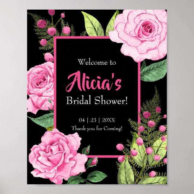 Pink Roses on Black Bridal Shower Welcome Poster (Front)