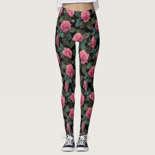 Pink Roses on Black Floral Pattern Leggings
