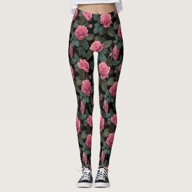 Pink Roses on Black Floral Pattern Leggings (Front)