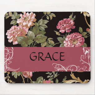 Pink Roses on Black Floral Personal Mouse Pad
