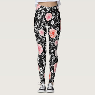 Pink Roses on Black  Leggings