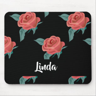 Pink roses on black mouse mat