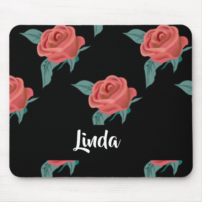 Pink roses on black mouse mat (Front)