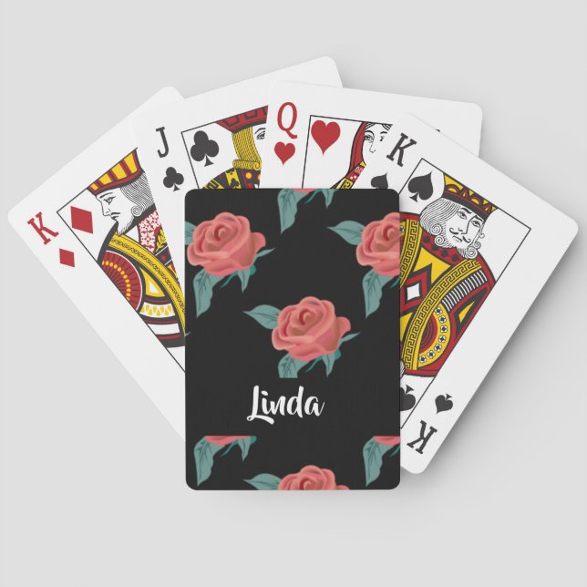 Pink roses on black playing cards (Back)
