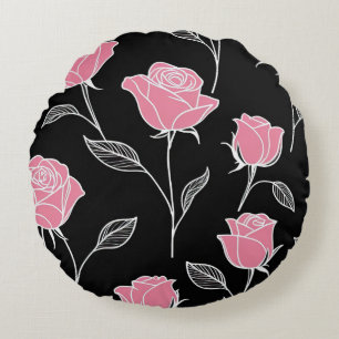 Pink roses on black round cushion