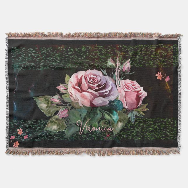 Pink Roses on black Throw Blanket (Front)