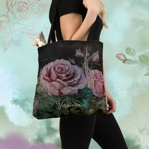 Pink Roses on Black  Tote Bag