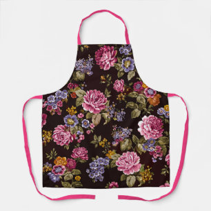 Pink Roses on Black Vintage Feel Apron
