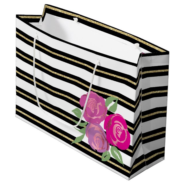 Pink Roses on Black, White, Gold Gift Bag (Front Angled)